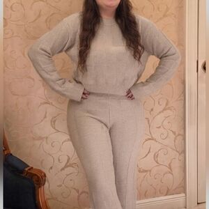 Double Take Full Size Checkered Round Neck Top Pants Beige Women's Knit Set